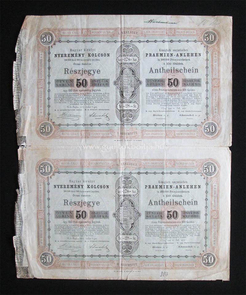 Duna Szabályozás nyeremény kölcsön 50 forint 1870 Buda